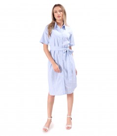 Rochie tip camasa din in cu bumbac imprimat cu dungi