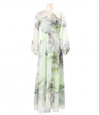 Rochie lunga din voal fin imprimat digital cu motive florale supradimensionate