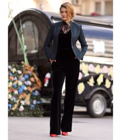 Pantaloni largi din catifea elastica neagra